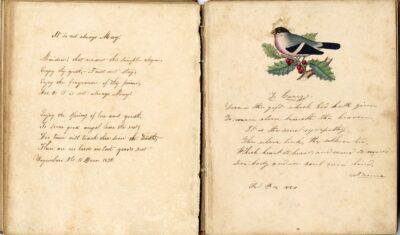 journal is open with a poem on the left page; drawing of a bird and written note on the right page