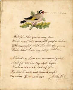 Page from journal with picture of bird and poem