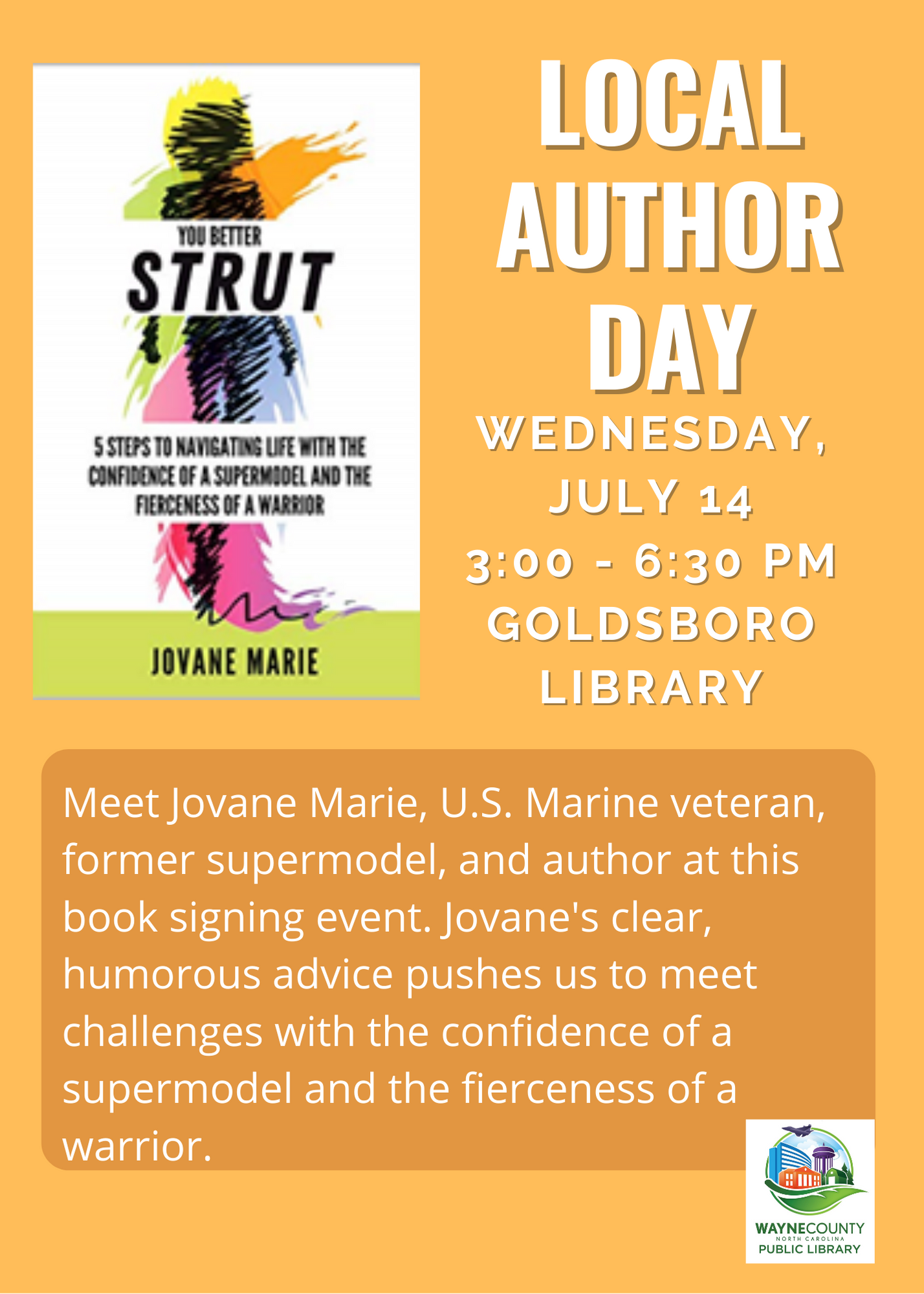 Author Event poster featuring Jovane Marie on Wednesday July 14th from 3-6:30PM at the Goldsboro Library.