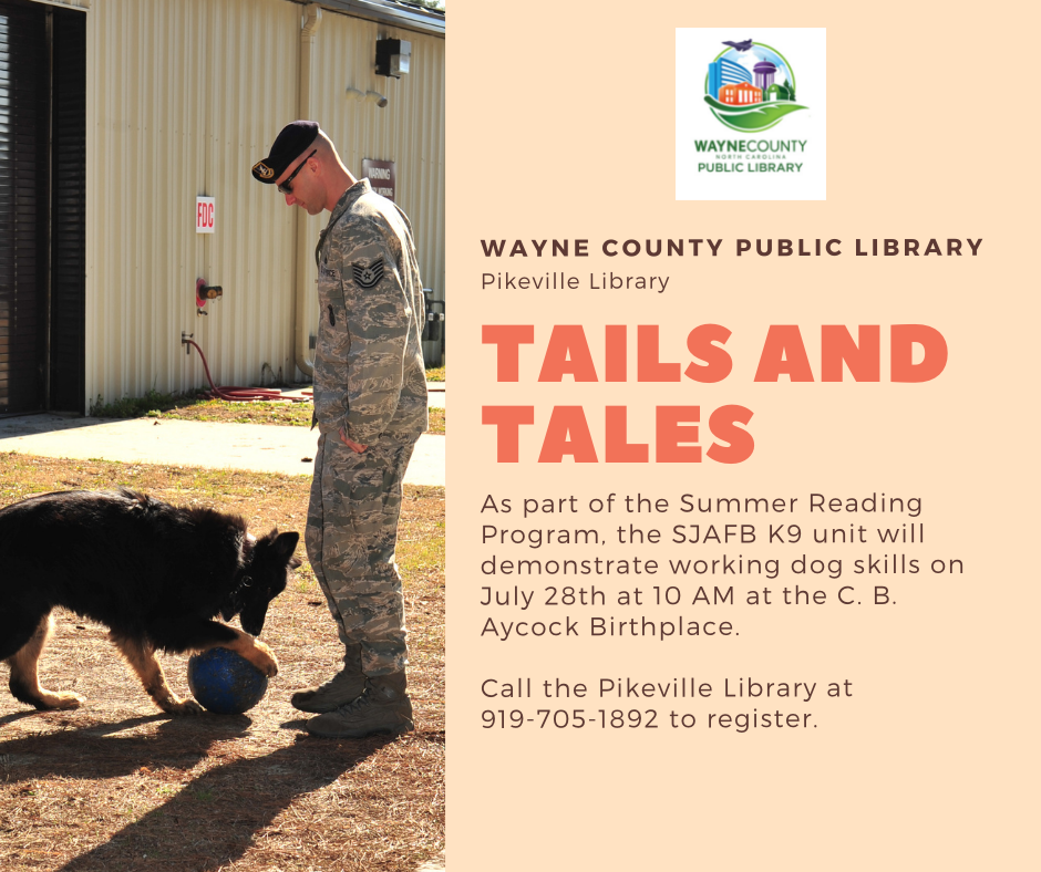 Coming up soon on July 28th! We hope you'll join us from 10AM at the C. B. Aycock Birthplace to see the SJAFB K9 unit demonstrate working dog skills. Call 919-705-1892 to register. 🐶