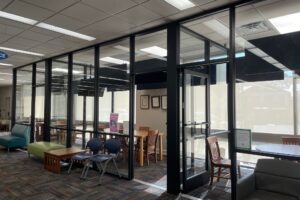 Glass enclosed study rooms at the Goldsboro Library